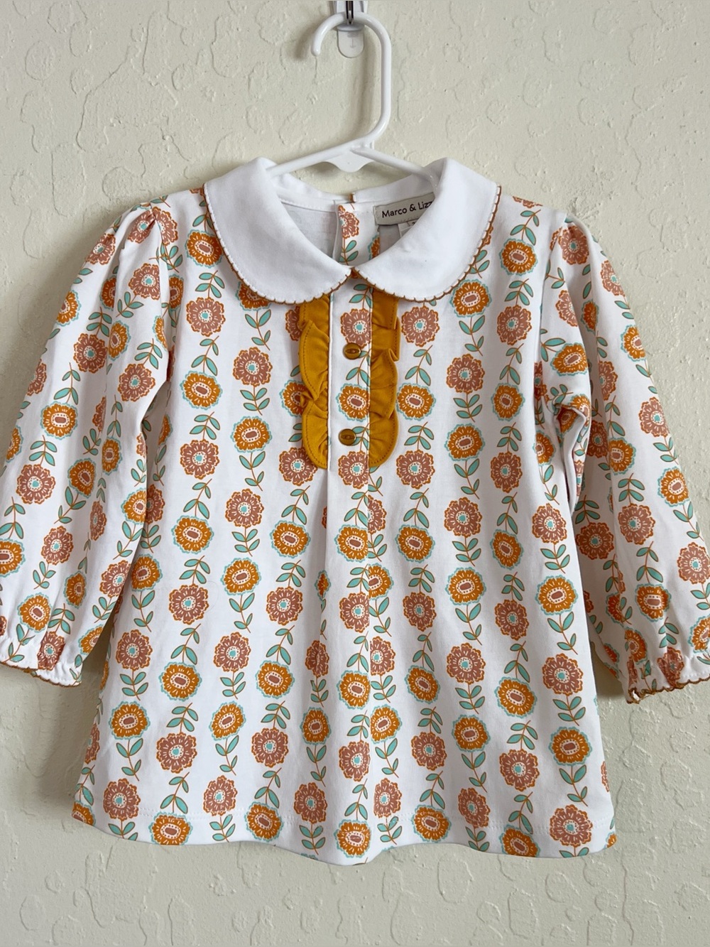 Marco & Lizzy 100% Pima Cotton Peter Pan Collar Long Sleeve Top 3T Orange Floral